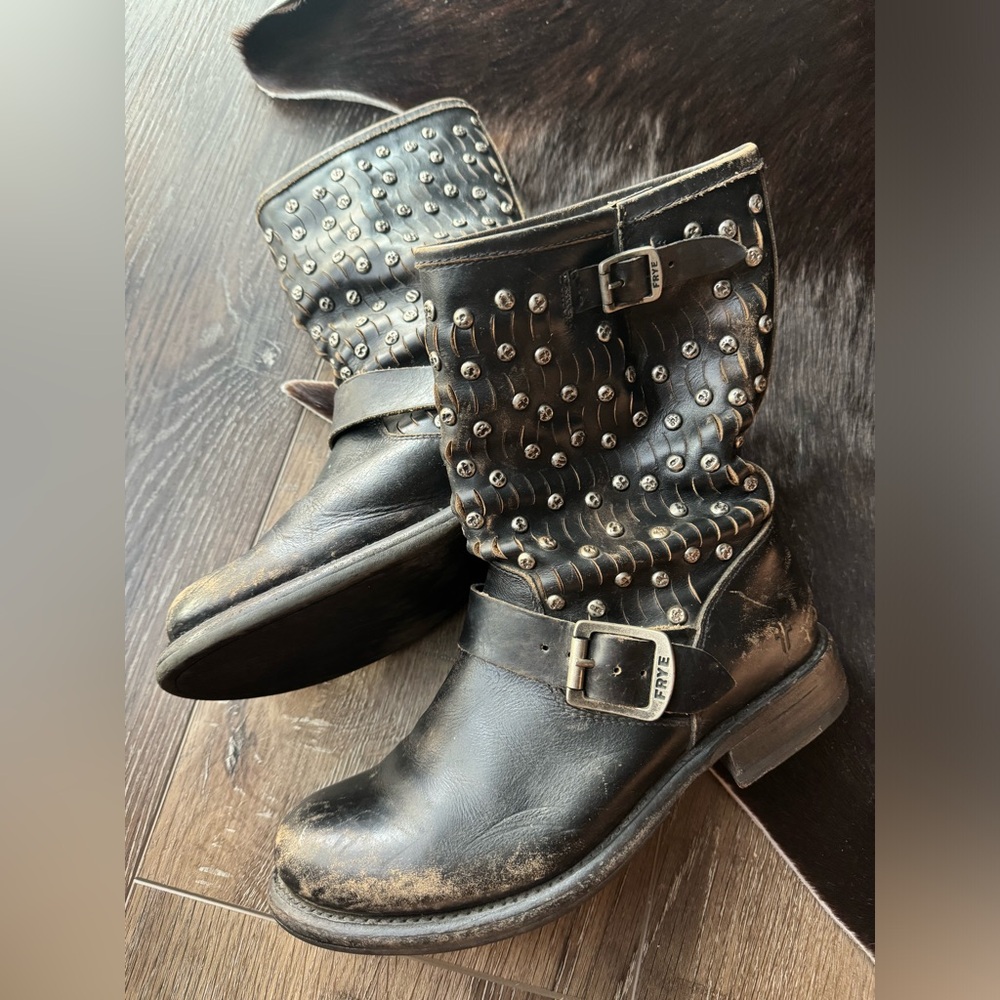 FRYE Authentic Jenna Studded Distressed Leather Combat Boots